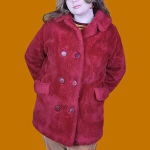 Vintage 60s 70s Red Plush Faux Fur Pea Coat, S-M